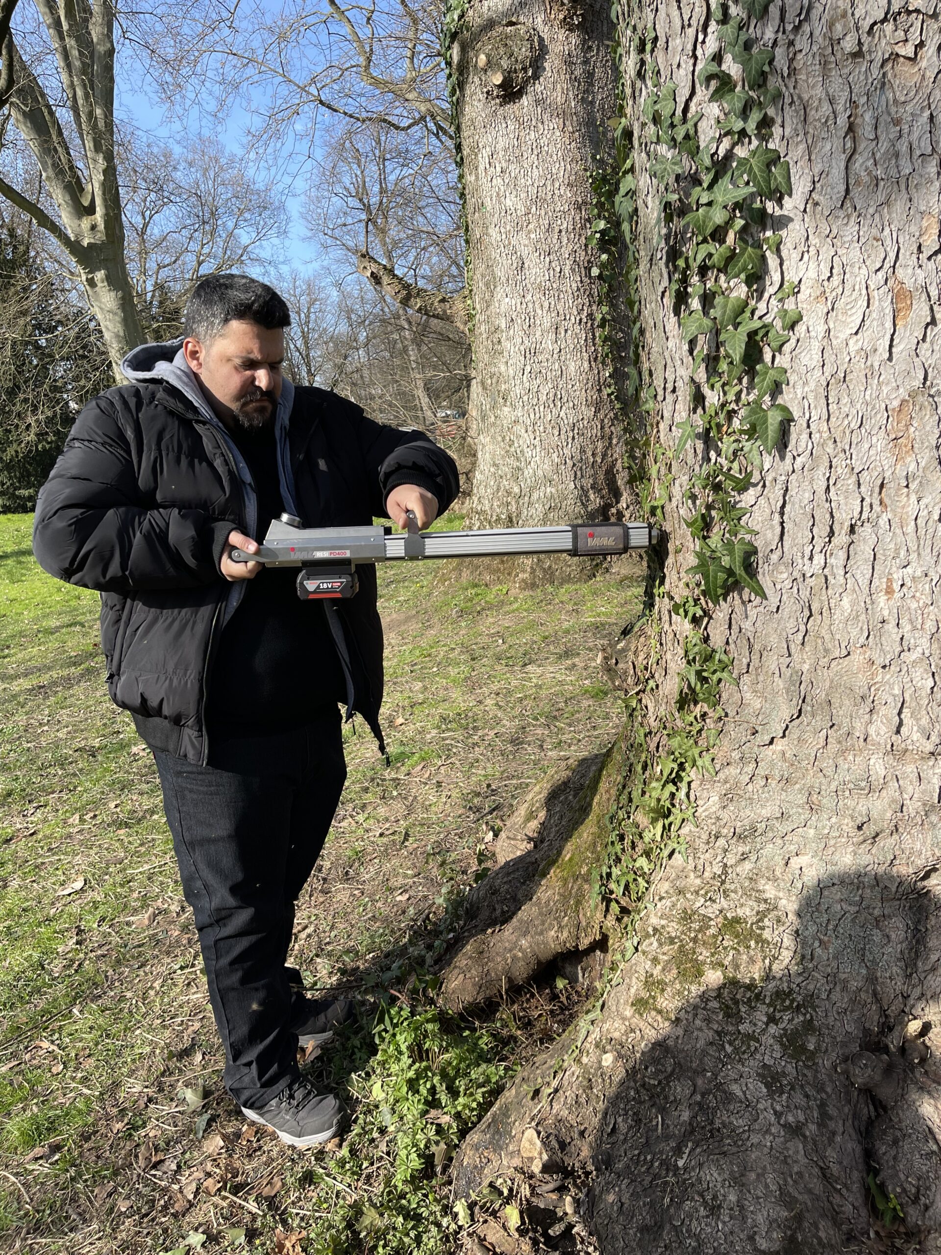 Ερευνητής χρησιμοποιεί ρεσιζτογράφο για τη διεξαγωγή μετρήσεων σε δέντρο